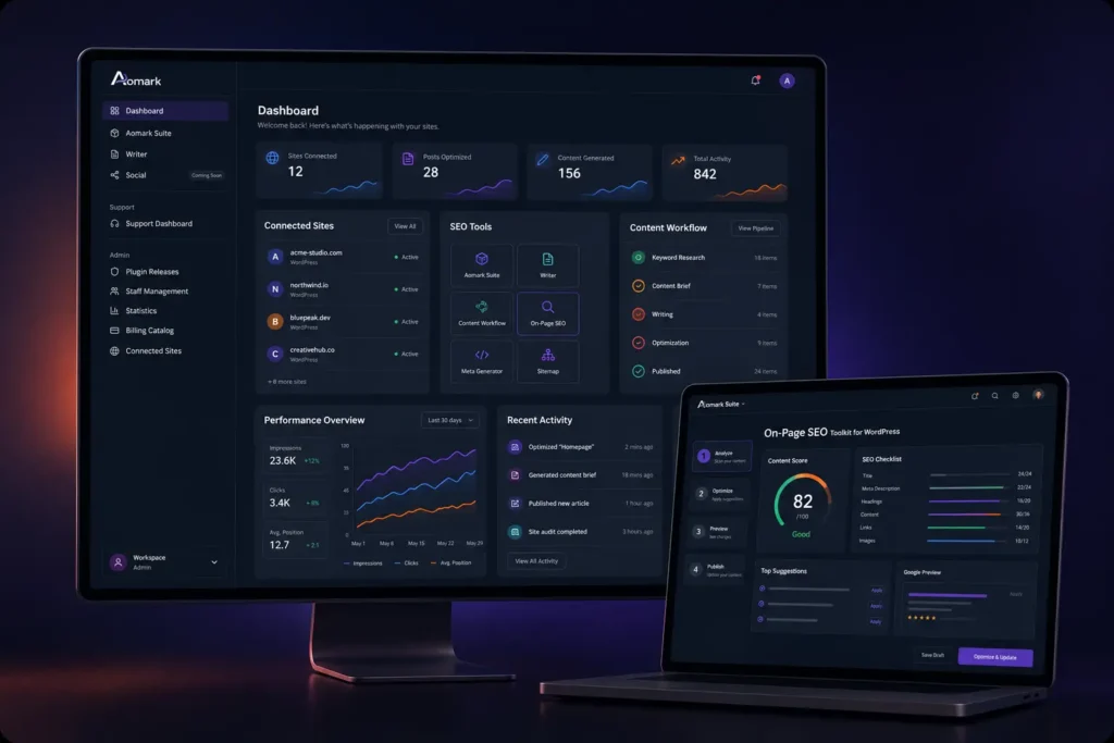 Dual-screen SEO analytics dashboard on dark interfaces