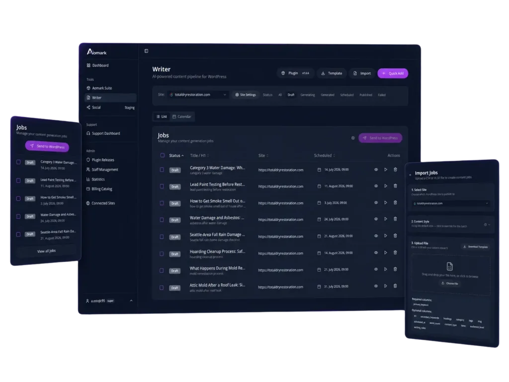 Dark Aomark writer dashboard with jobs and import panels
