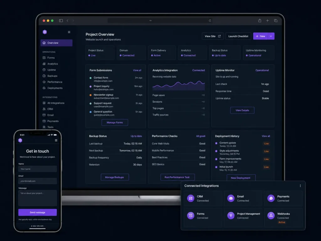 Dark website project dashboard on laptop with mobile contact form