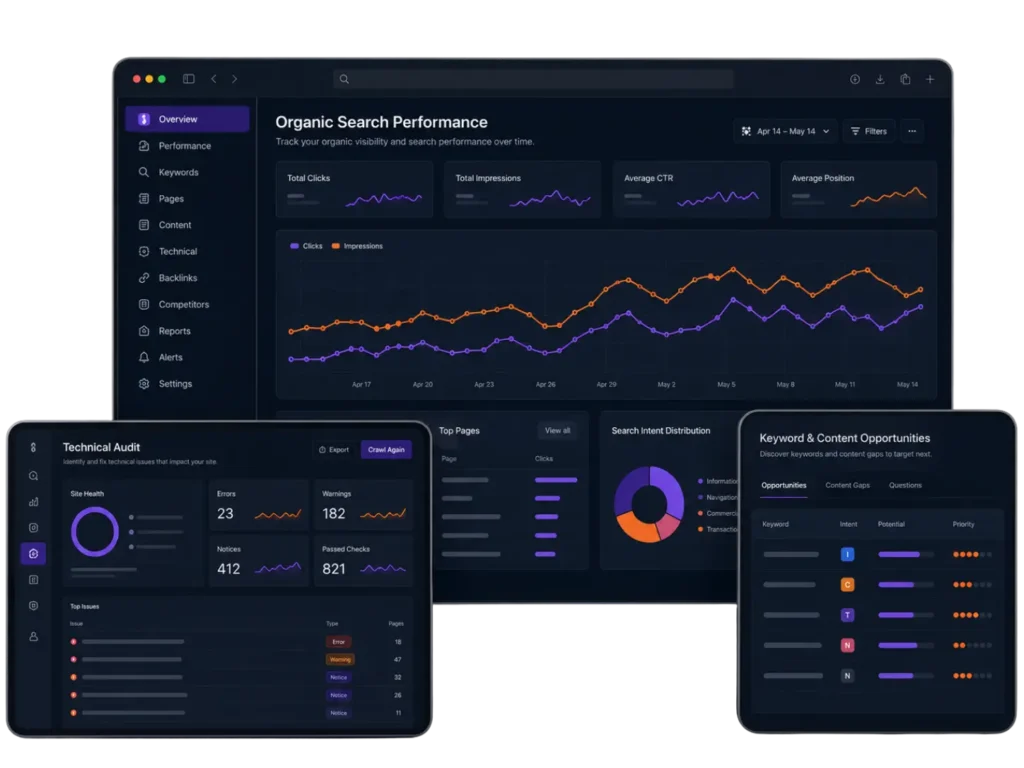 Dark SEO analytics dashboard with charts and metrics