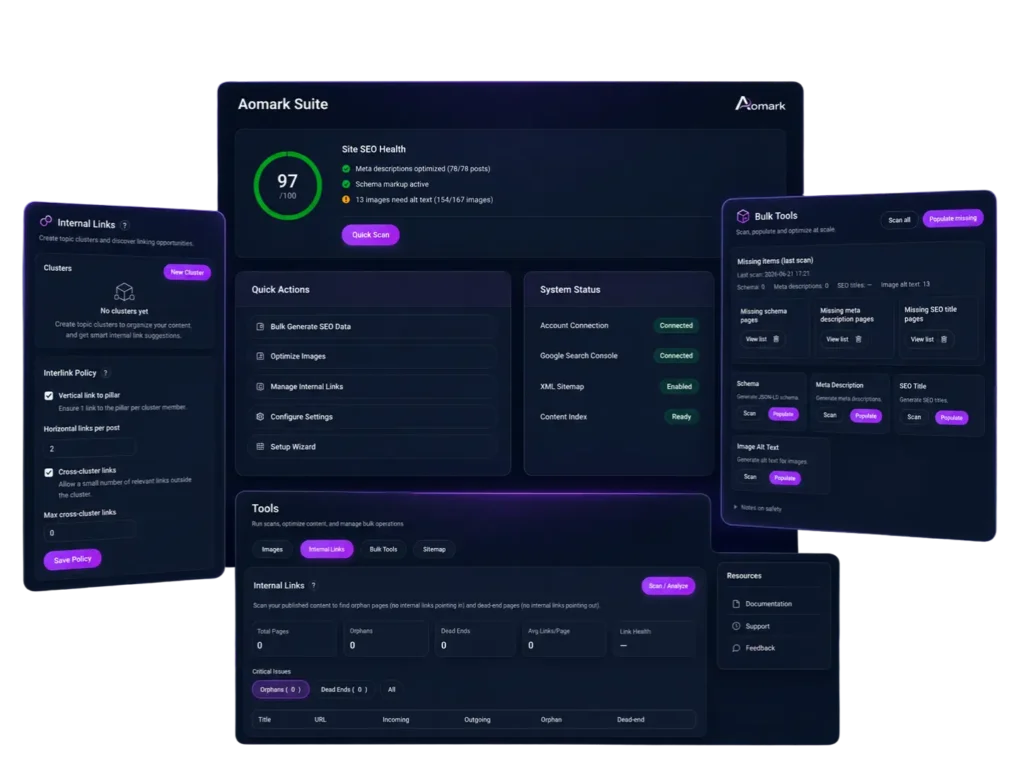 Dark Aomark Suite SEO dashboard with purple panels and metrics