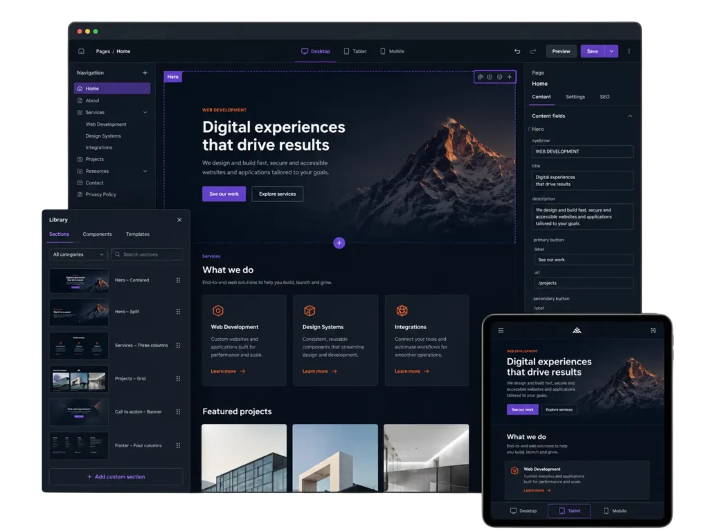 Dark website builder interface with desktop and tablet previews