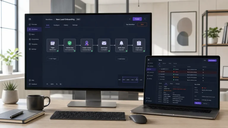 Desk setup with monitor and laptop showing workflow automation dashboards
