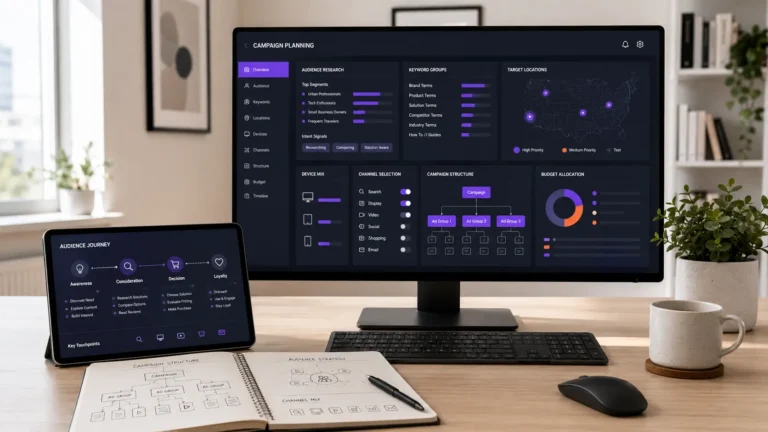 Desktop monitor and tablet showing campaign planning dashboards
