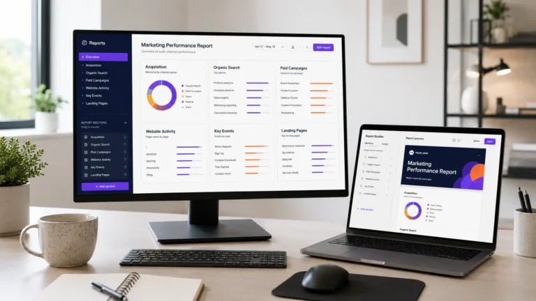 Desktop monitor and laptop displaying marketing performance dashboards