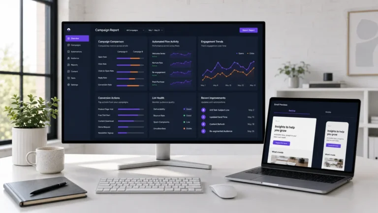 Desktop monitor and laptop displaying email marketing dashboards