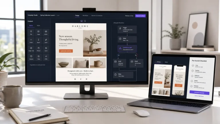 Desktop monitor and laptop displaying email marketing campaign tools