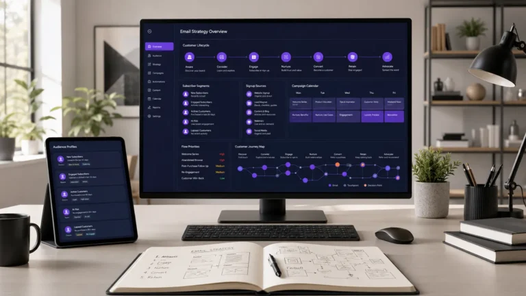Desktop monitor showing email strategy dashboard beside tablet and notebook