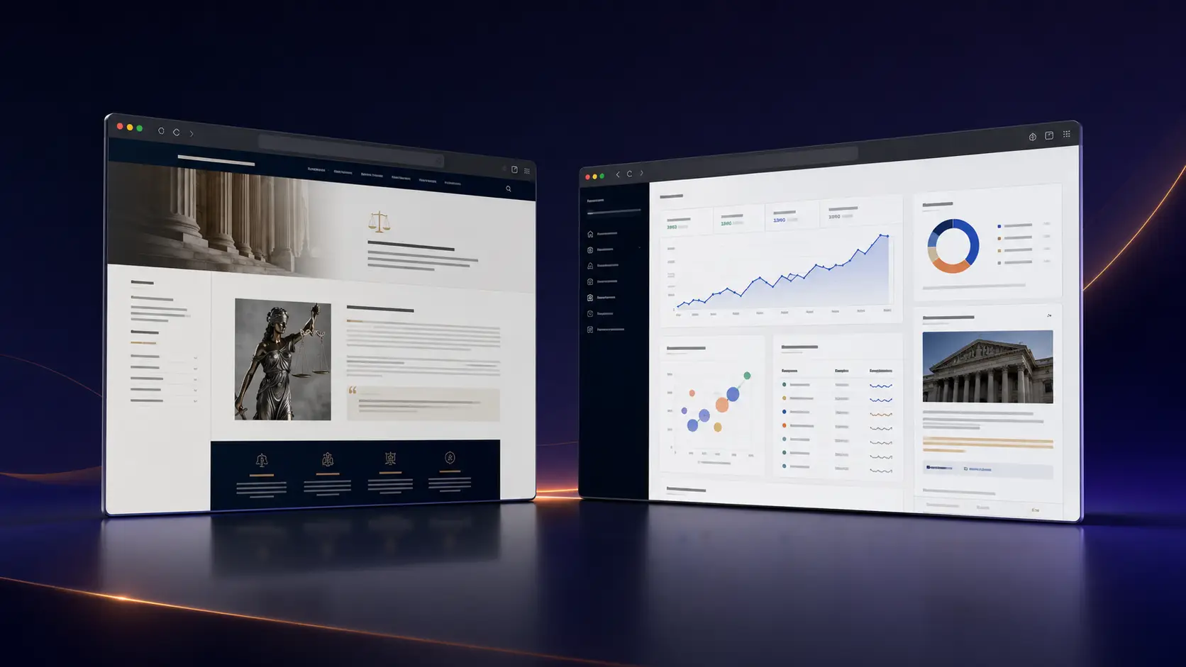 Two website mockups with law-themed and analytics layouts
