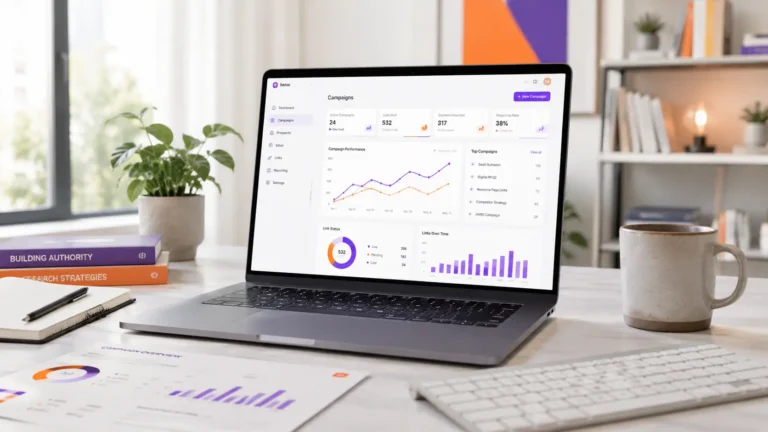 Laptop displaying analytics dashboard on a desk
