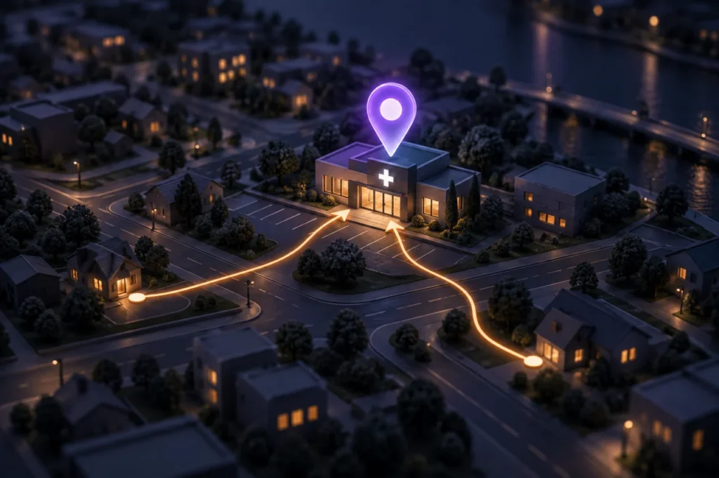 Conceptual illustration of a clinic on a neighborhood map, highlighted by a location pin and connecting routes.