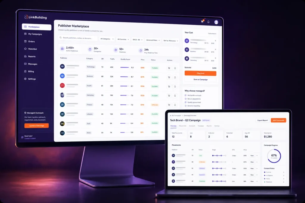 Desktop monitor and laptop displaying LinkBuilding dashboards