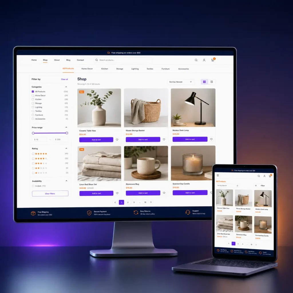 Desktop monitor and laptop displaying an online shop page