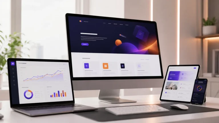 Desktop, laptop, tablet, and phone displaying analytics dashboards