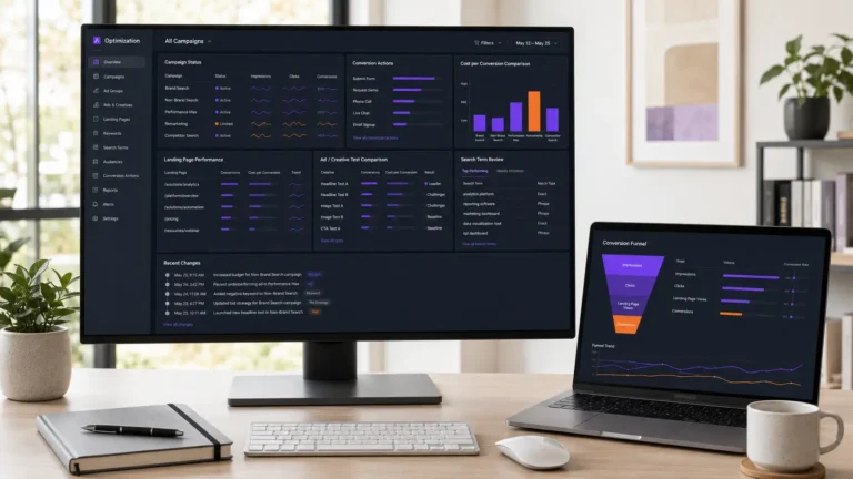 Desktop monitor and laptop displaying advertising analytics dashboards