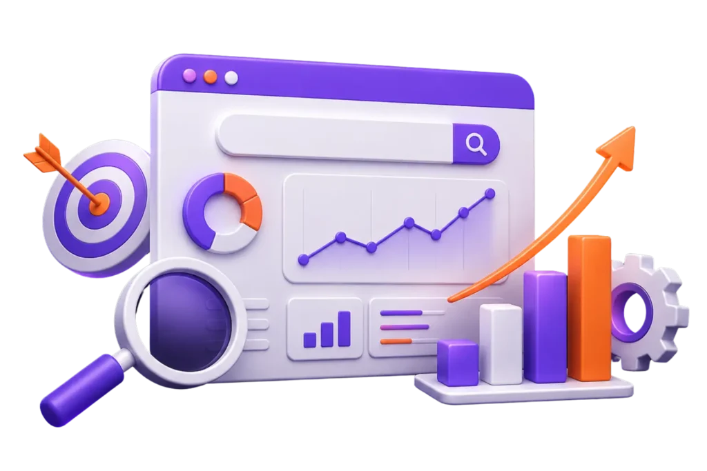 Analytics dashboard with charts, target, magnifying glass, and upward arrow