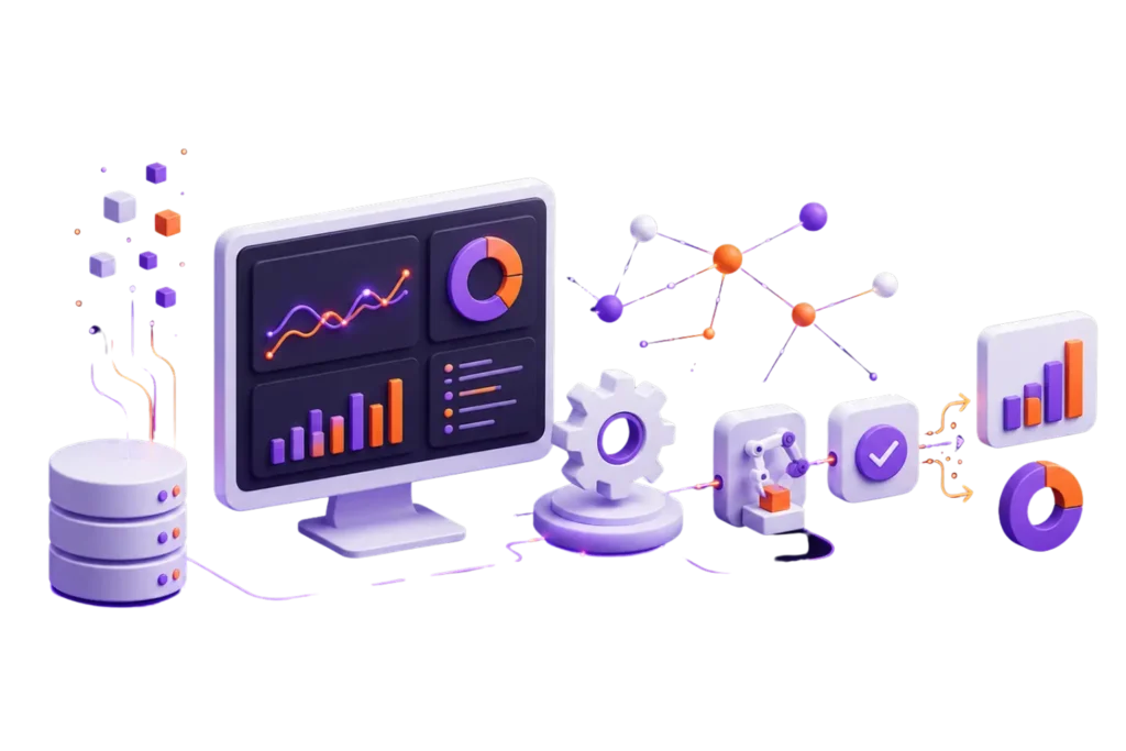 Analytics dashboard with charts, database, gear, and network icons