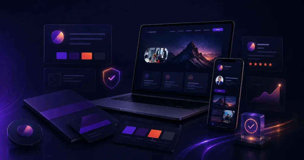 Dark branding mockup with laptop, phone, and UI cards
