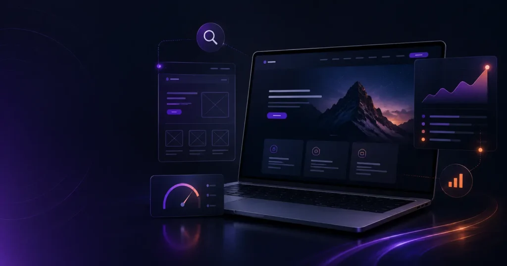 Dark laptop dashboard with charts, search icon, and gauge panels