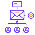 Purple email workflow icon with heart and user nodes