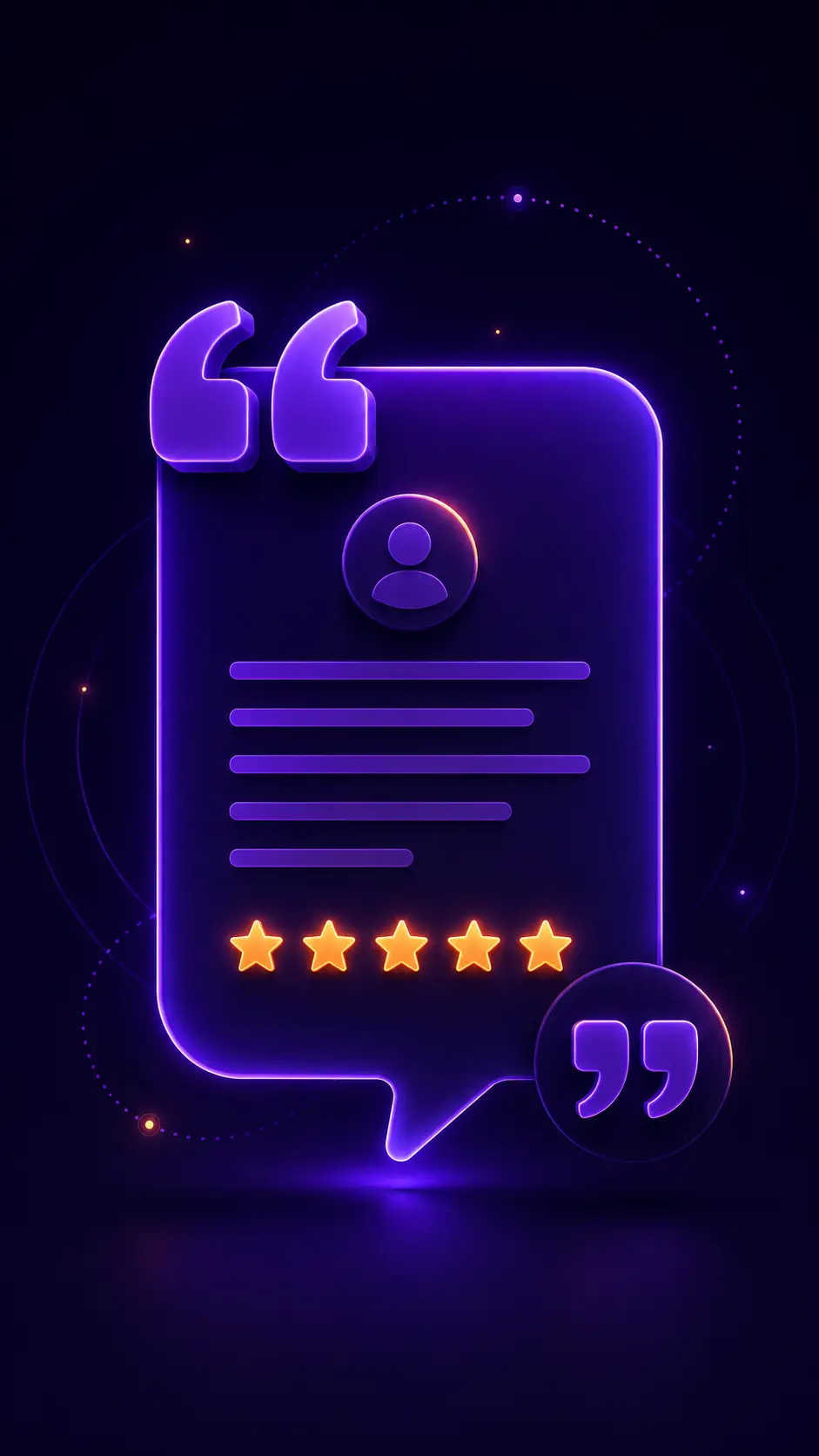 Neon purple testimonial card with five stars and quote marks