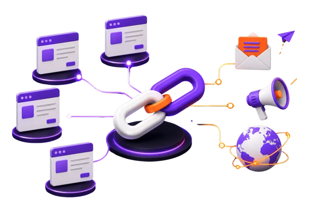 Purple chain linking web pages, email, megaphone, and globe