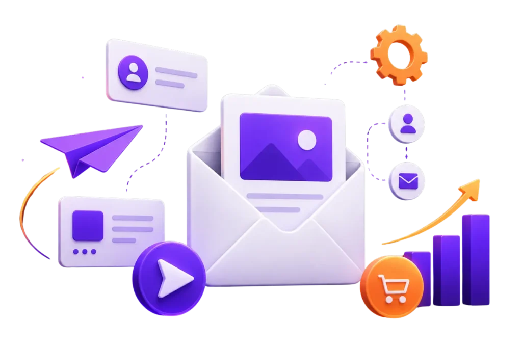 Purple email marketing illustration with envelope, icons, and chart