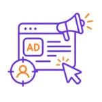 Purple ad webpage icon with megaphone and cursor pointer