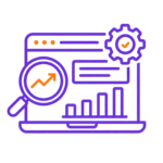 Purple analytics laptop icon with magnifying glass and gear checkmark