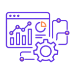 Purple analytics dashboard and gear icon on black background