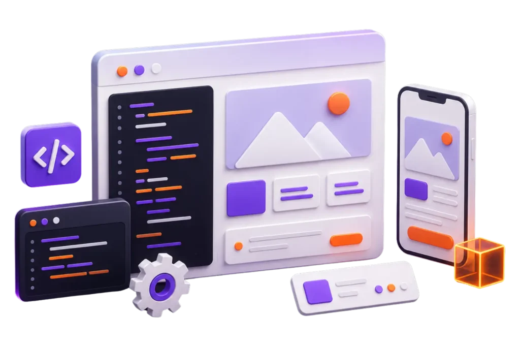 3D web app interface with code panels and smartphone