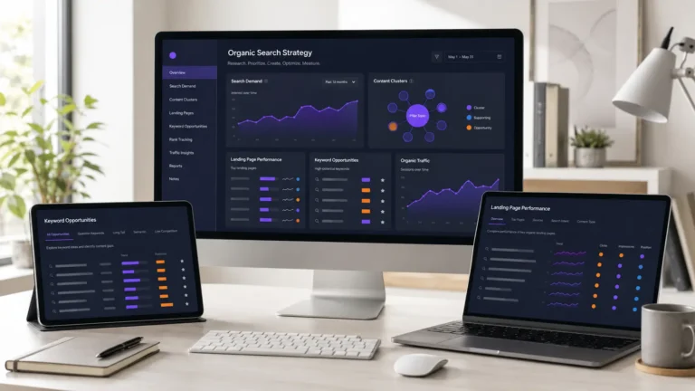 Desktop monitor and laptop showing SEO analytics dashboards