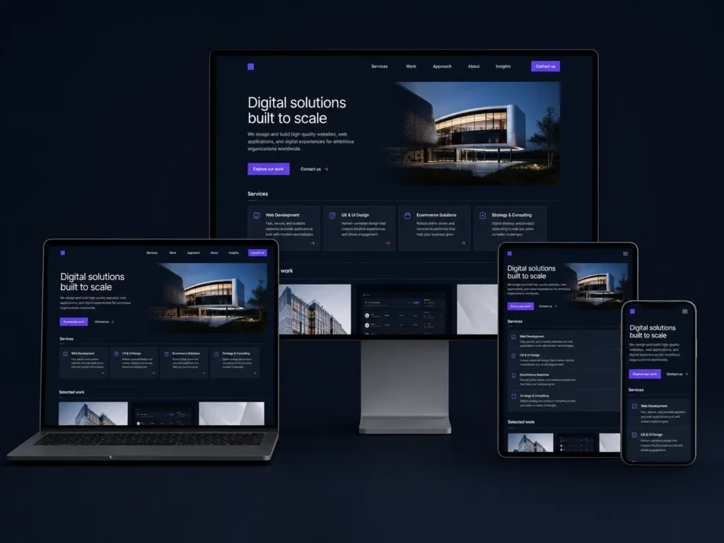 Responsive web design displayed on laptop, monitor, tablet, and phone