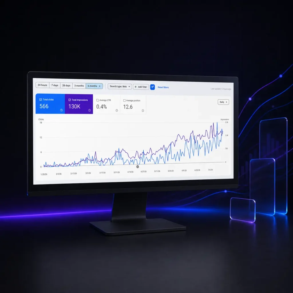 Desktop monitor displaying analytics chart and metrics