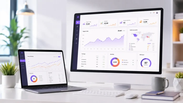 Laptop and desktop monitor displaying SEO analytics dashboards