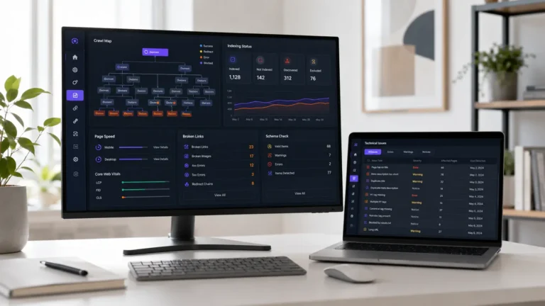 Desktop monitor and laptop displaying SEO analytics dashboards