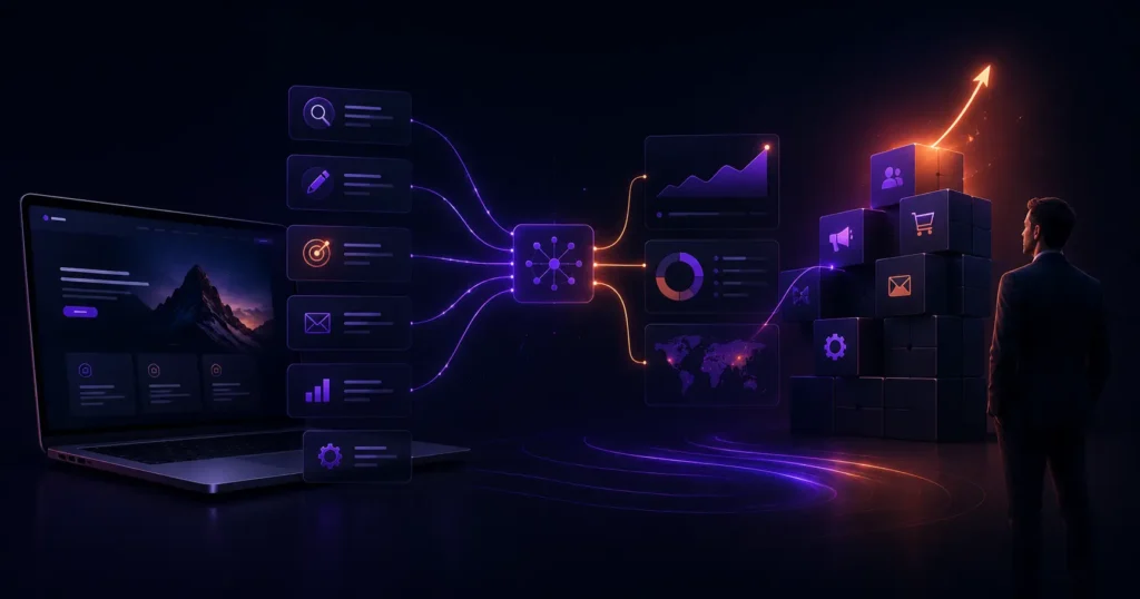 Laptop dashboard connected to SEO icons and rising analytics chart