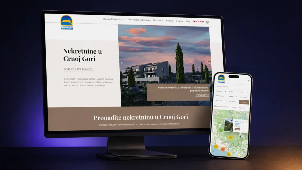 Desktop monitor and smartphone showing Sveti Stefan Real Estate website