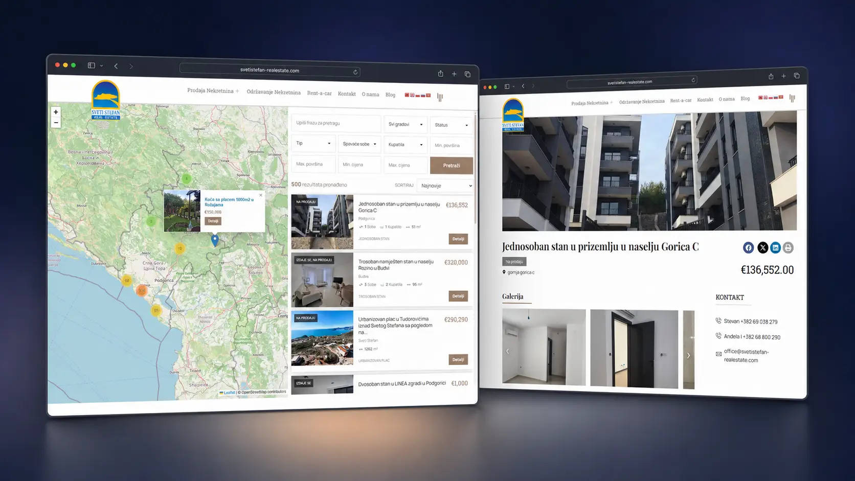 Two browser windows showing Sveti Stefan Real Estate listings and map
