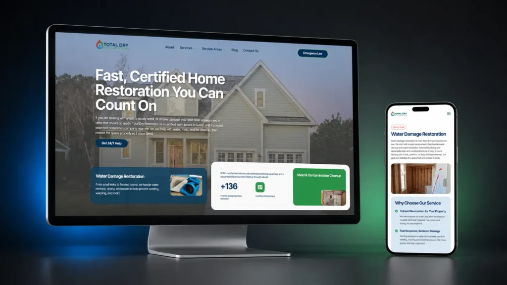 Desktop monitor and smartphone displaying Total Dry Restoration website