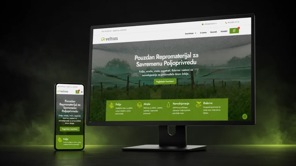 Desktop monitor and smartphone displaying the Veltom website homepage