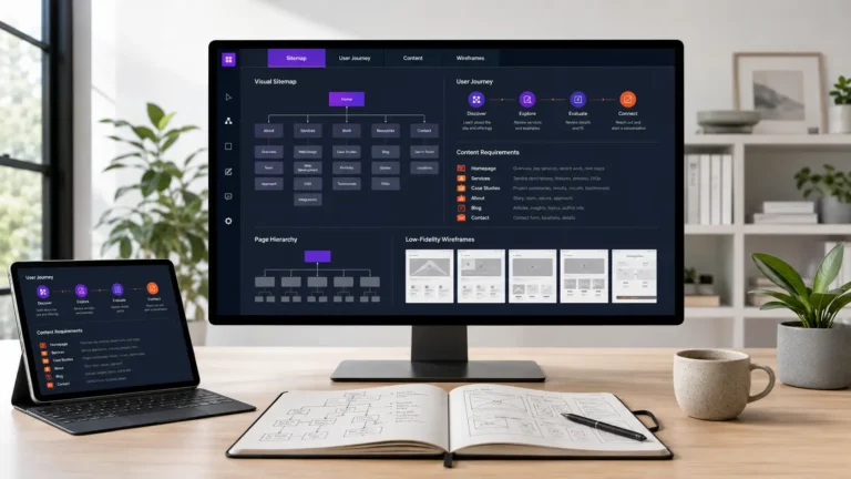 Desktop monitor and laptop showing website wireframe dashboard on desk