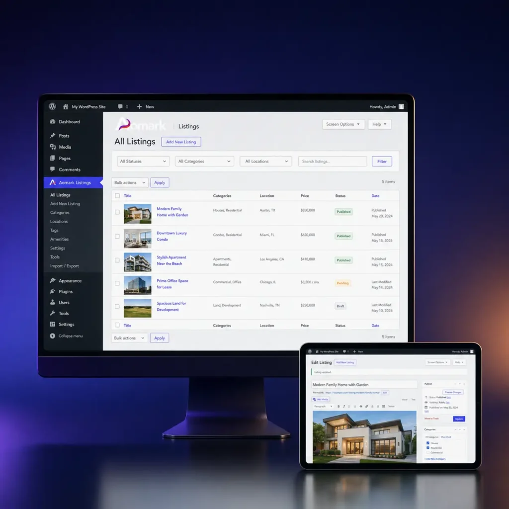 Desktop monitor and tablet displaying a real estate listing dashboard