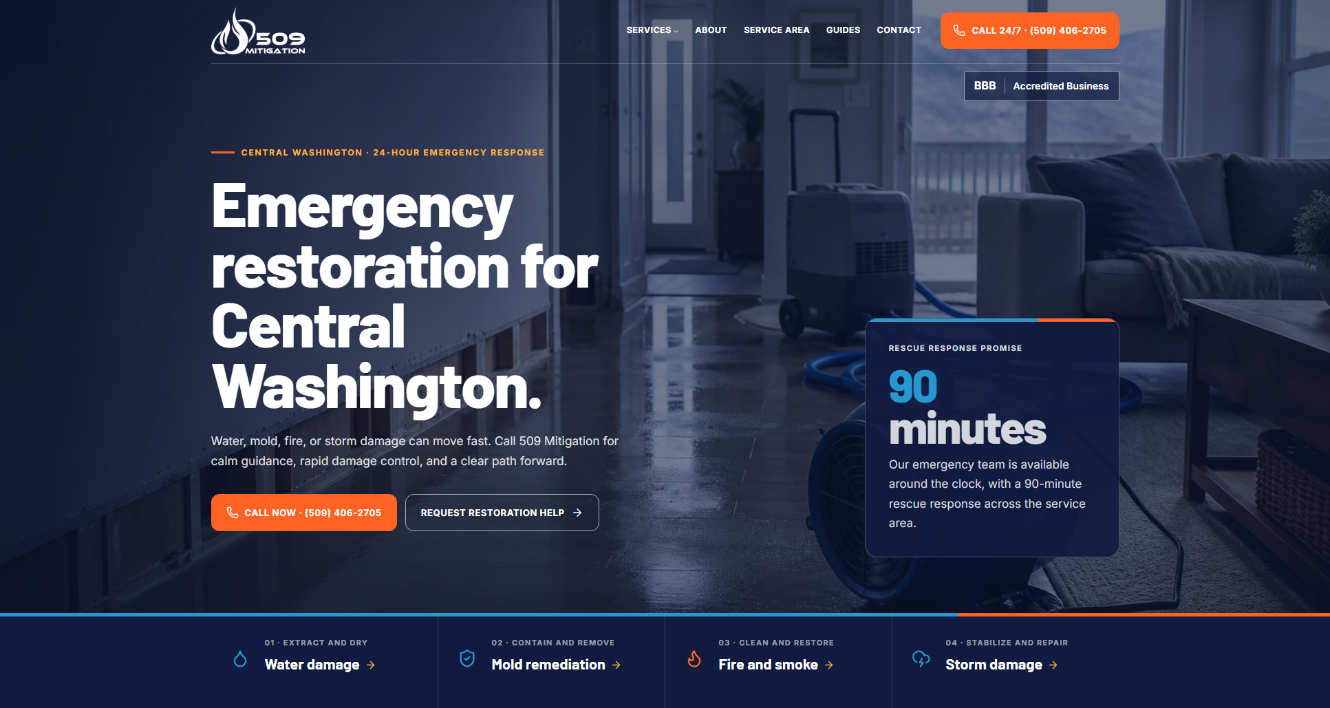 509 Mitigation homepage with emergency restoration services, contact actions and service categories