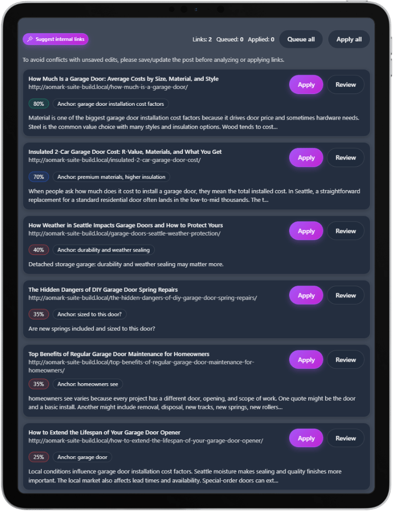 Aomark Suite modules and on-page SEO tools inside WordPress