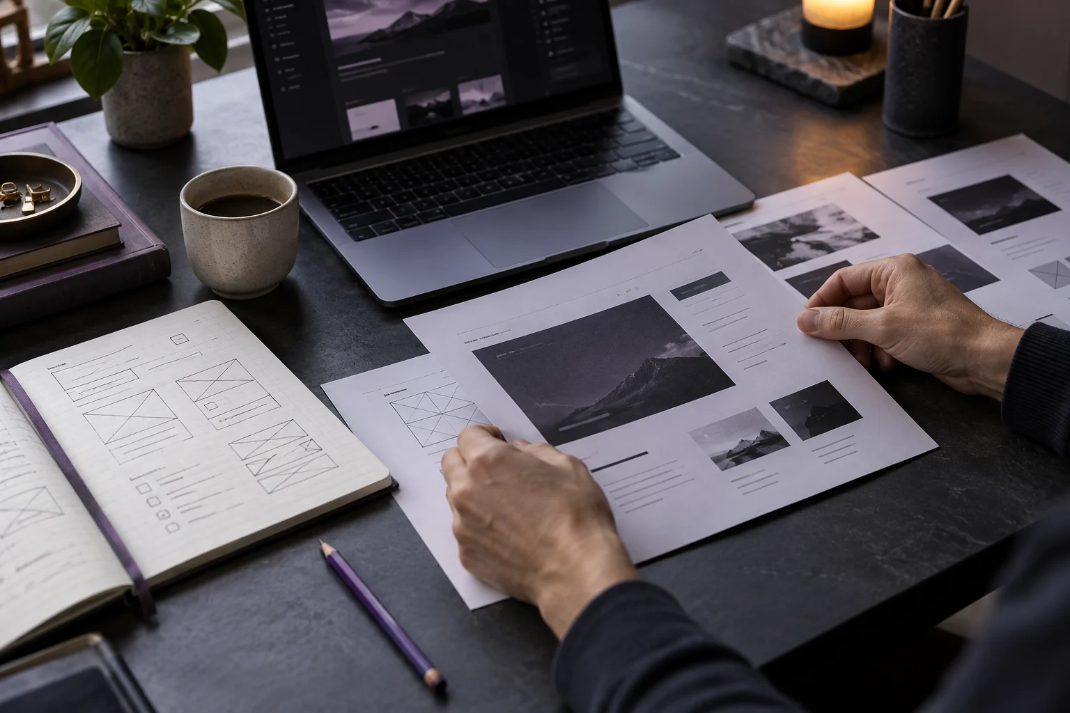 Illustrative design review with printed website layouts, a sketchbook and a laptop