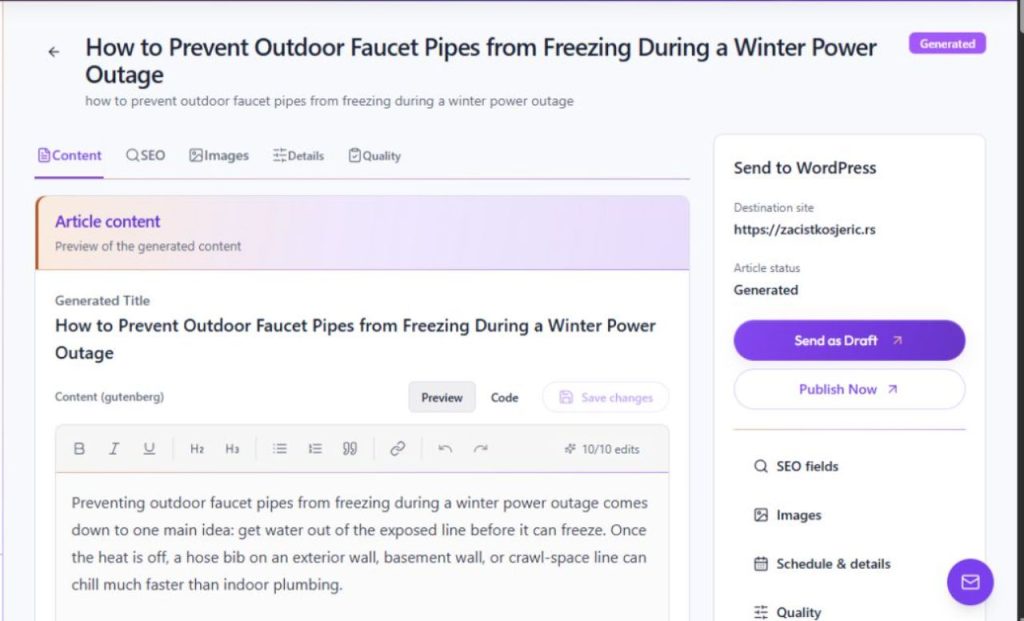 Send a Writer article to WordPress as a draft in Aomark Writer