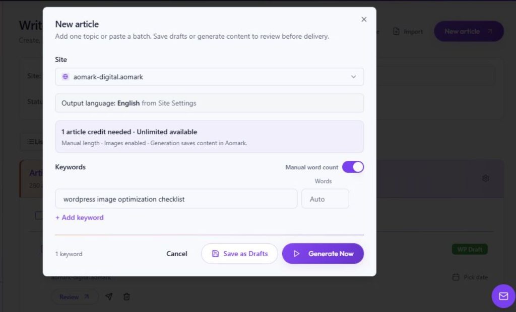 Create article drafts in Writer in Aomark Writer