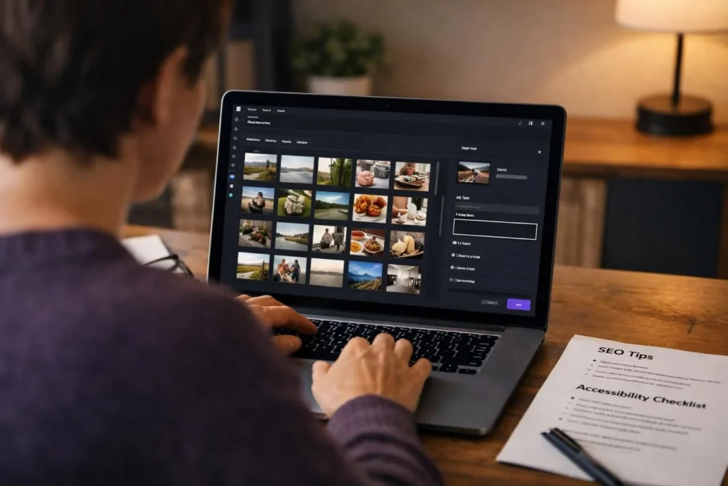 Person typing on laptop with photo library and alt text panel