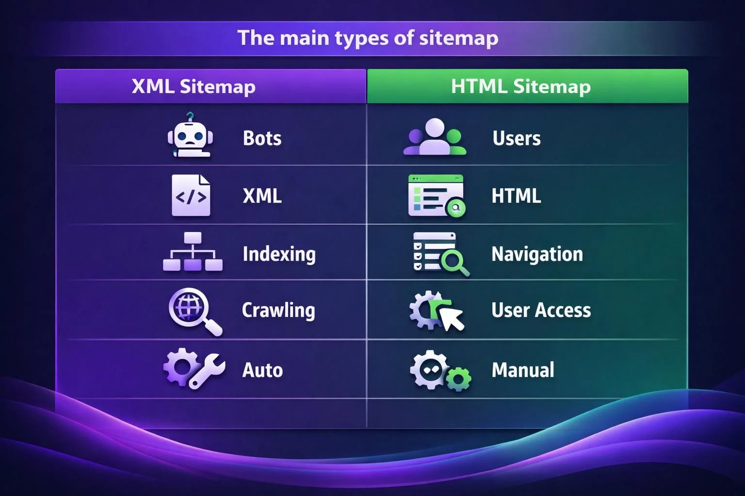 Chart comparing XML and HTML sitemap features for websites